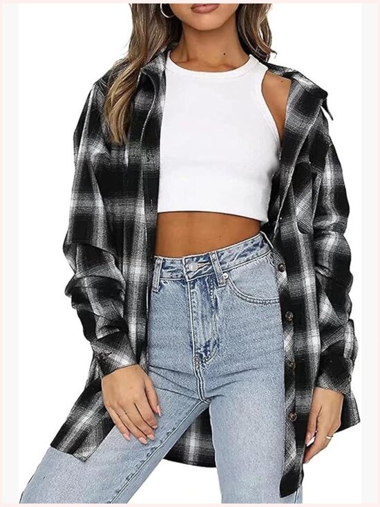 Tops - Oversized Plaid Button Down Flannel Shacket Long Sleeve Casual Blouse Top